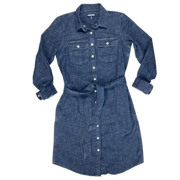 Lands End Denim Dress Womens XS Blue Belted Pockets Comfy Western‎ Core Stretchy - Picture 2 of 16